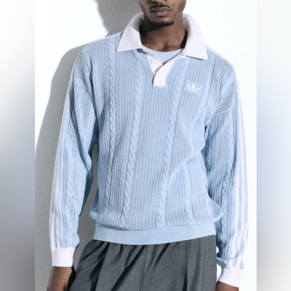 Adidas Originals & ASOS Collab Light Blue Cable-Knit V-Neck Polo Sweater
